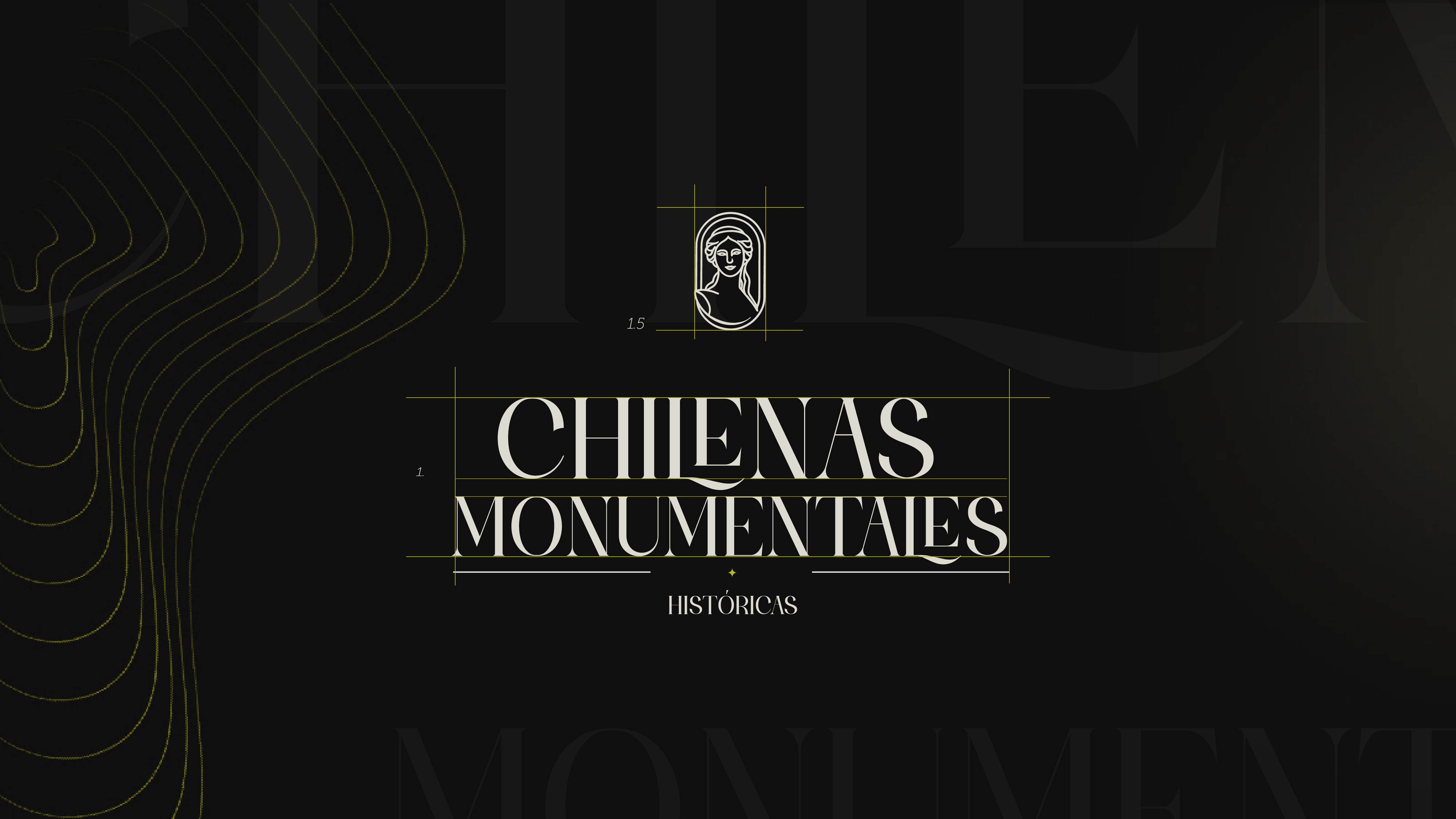 Chilenas Monumentales — identidad tipográfica sobre fondo topográfico dorado